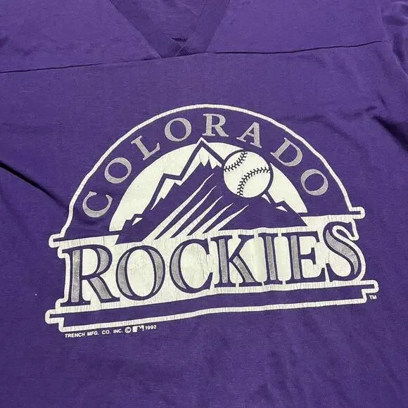 Vintage 90s Colorado Rockies Purple MLB V-Neck T-Shirt - Picture 2 of 4